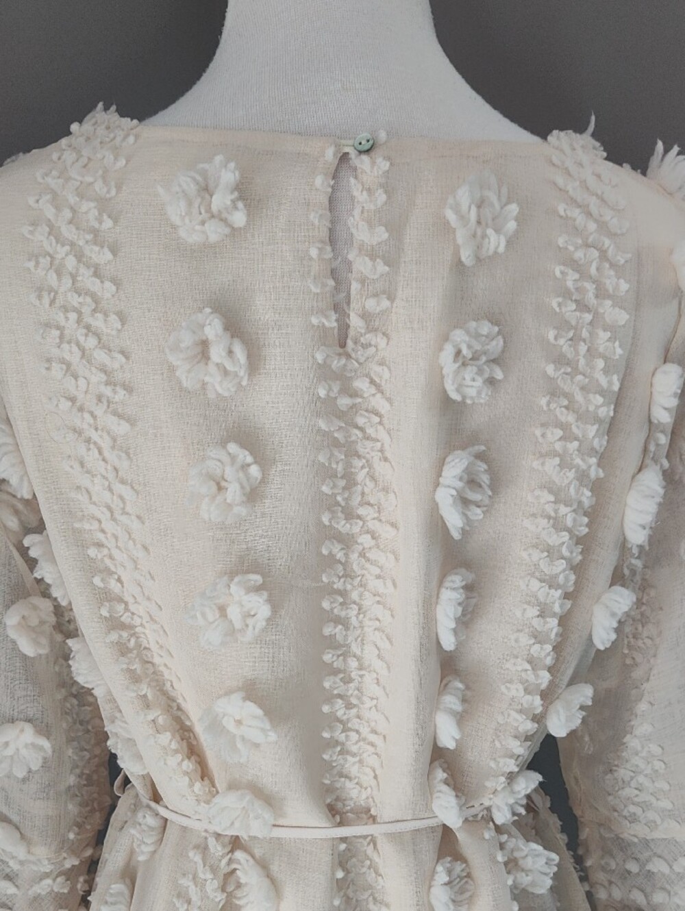 Entro Cream Textured Lined Mini Dress with Floral Appliqués And Bell Sleeves - Picture 9 of 16